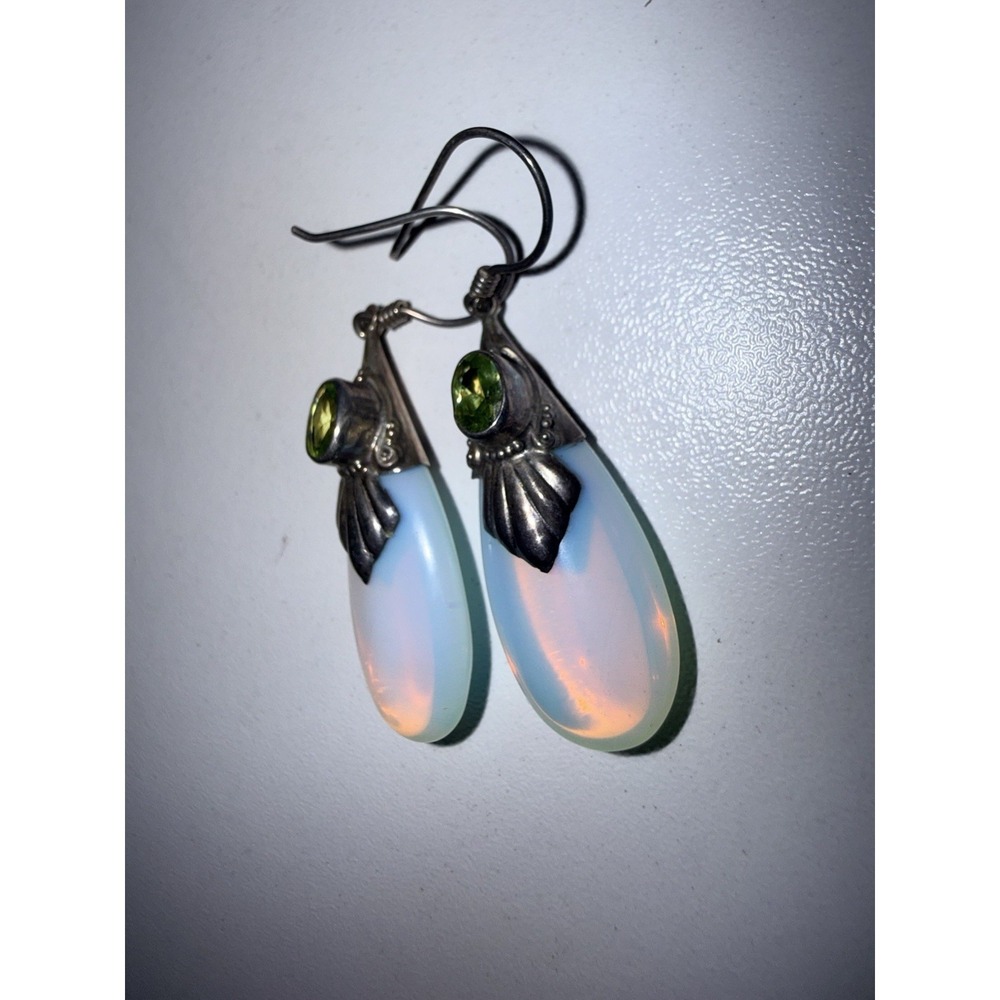 VTG Hook Earrings Opalite Glass Teardrop Green Peridot 925 Sterling - Picture 2 of 5